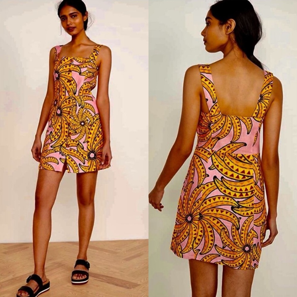 Farm Rio + Alberto Pitta Banana Pink Tropical Linen Dress Sundress Small S EUC